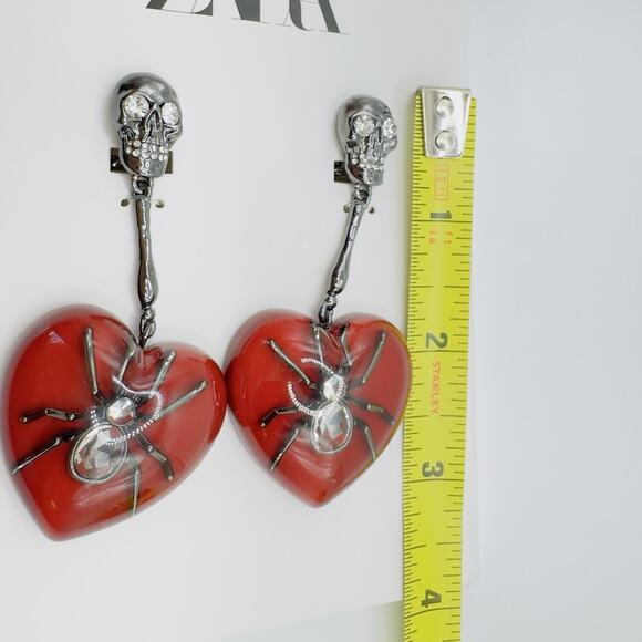 ZARA Halloween Earrings Red Lucite Gothic Heart Spider Crystal Drop Dangle NEW - Picture 5 of 8